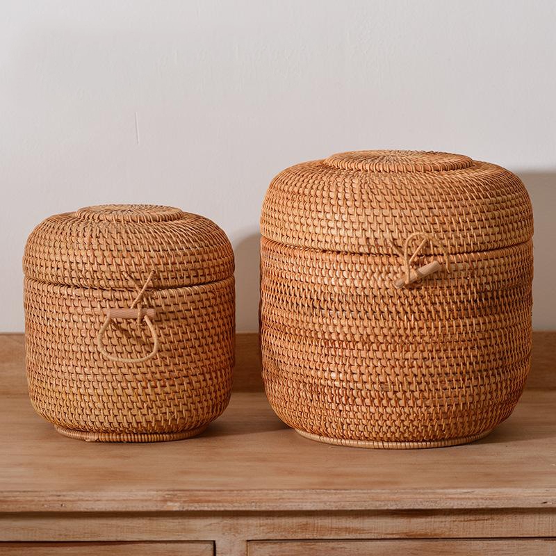 Food Storage With Dividers - Handgeweven Rotan Thee Opbergdoos Met Deksel